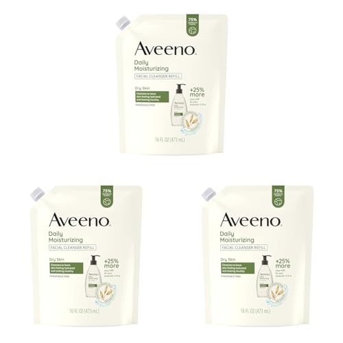 Aveeno Daily Moisturizing Facial Cleanser with Soothing Non-GMO Oat, Leaves Skin Feeling Hydrated, Soft & Supple, Paraben-, Sulfate-, Fragrance-, Dye- & Soap-Free, Refill Pouch, 16 fl. oz (Pack of 3)