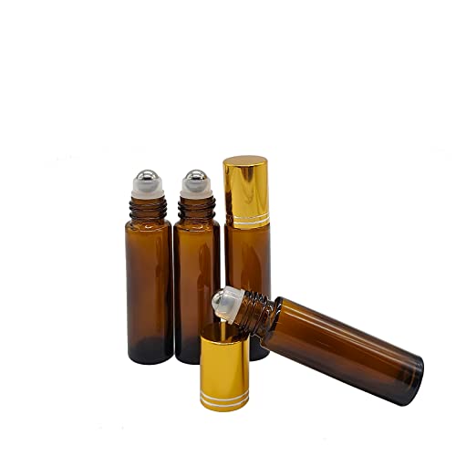24 Pack Essential Oil Roller Bottles, 10ml Amber Glass Roll-on Bottles with Stainless Steel Roller Balls and Gold Cap