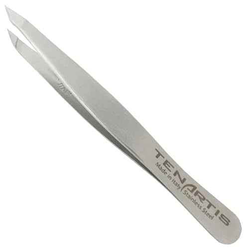 Hair Tweezers Stainless Steel with Leather Case - Tenartis Made in Italy (Slant/Pointed)
