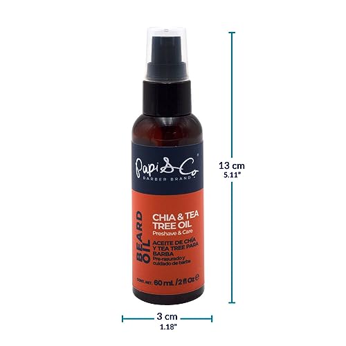 Papi & Co. Pre Shave Beard Oil with Chia & Tea Tree Oil - Moisturizing Preshave for Men - Softens Beard & Skin - Helps Razor Glide Smoothly - Beard Grooming Oil for a Comfortable Shave - 2 Oz