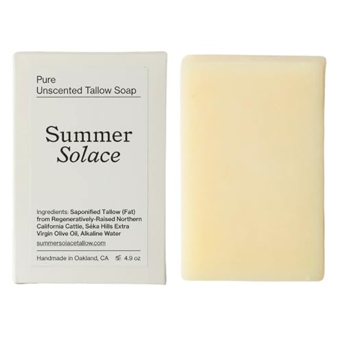 Summer Solace Tallow Soap Bar All-Natural Face & Body Wash Brick Deeply Nourishing Handcrafted Moisturizing Bar for Dry, Sensitive Skin Unscented 4.9oz (Pure)