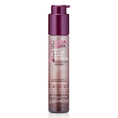GIOVANNI 2chic Ultra-Sleek Hair Super Body Potion - Brazilian Phyto-Keratin, Moroccan Argan Oil for Hair, Smoothing & Nourishing Formula, Hair Oil Serum, Helps Reduce Frizz - 1.8 oz