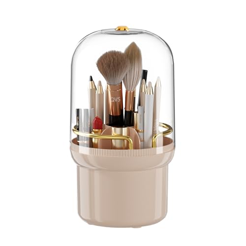 THE LIMIT 360 Degree Rotating Makeup Organizer Box, Dustproof Waterproof, 6 Compartments, Covered Brush Holder, Moisture-Proof, Fits Long Makeup Products, Easy Storage, Large Capacity (Pink)