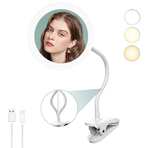 6.5" Clip-On Magnifying Vanity Mirror - 5X Magnification, USB Rechargeable, Lighted, Travel-Friendly (White)