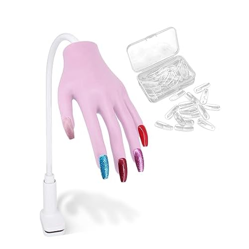 Silicone Hand for Acrylic Nails, Professional Silicone Practice Hand for Nails, Nails Never Fall Off, Flexible Bendable Acrylic Nail Practice Hand with Clear Nail Tips, Purple