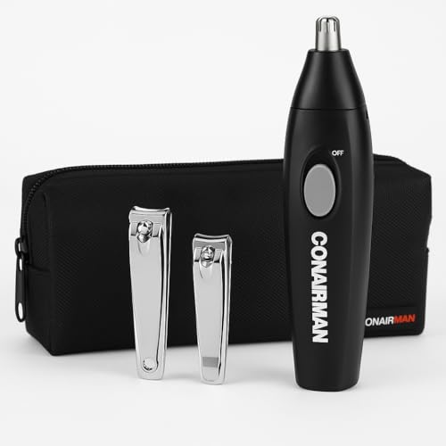 ConairMan Nose & Ear Trimmer Kit - 4 Piece Grooming Set with Nail Clippers and Storage Pouch