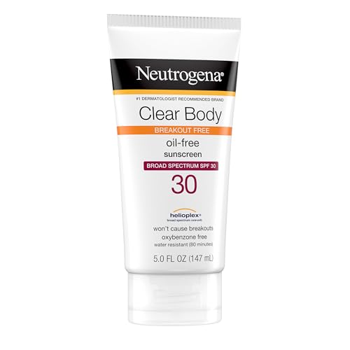 Neutrogena Clear Body Breakout-Free Liquid Sunscreen Lotion for Acne-Prone Skin, Oil-Free Sunscreen, Broad Spectrum SPF 30, Oxybenzone-Free, Fragrance-Free & Non-Comedogenic, 5 fl. oz