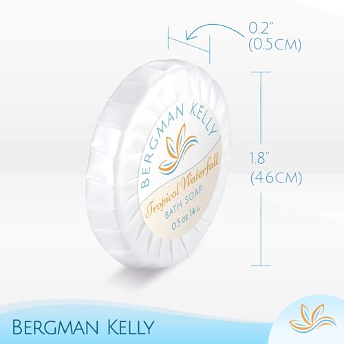 BERGMAN KELLY - Hotel Soap Bars in Bulk - Tropical Waterfall, 0.5 oz, 100 PK - Small Individually Wrapped Round Soap - Travel Size Mini Toiletries for Airbnb, Motel, Guest Bathroom