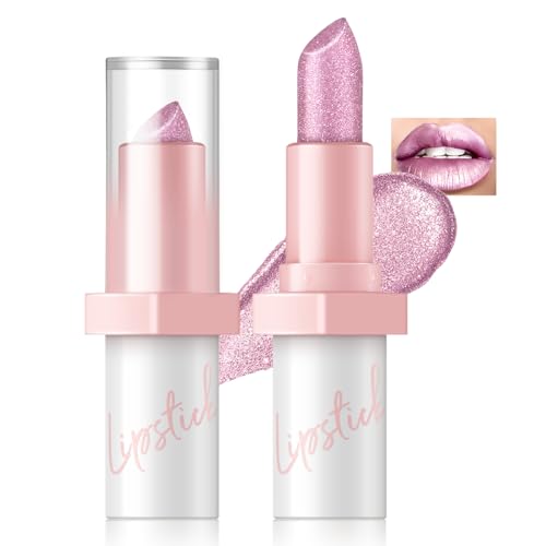 Metallic Pink Frost Glitter Lipstick for Women, Long Lasting High Shine Diamond Creamy Nude Light Pink Lipstick Transfer Proof,Shimmer High Impact Full Coverage Non Stick Cup Lip Makeup#1