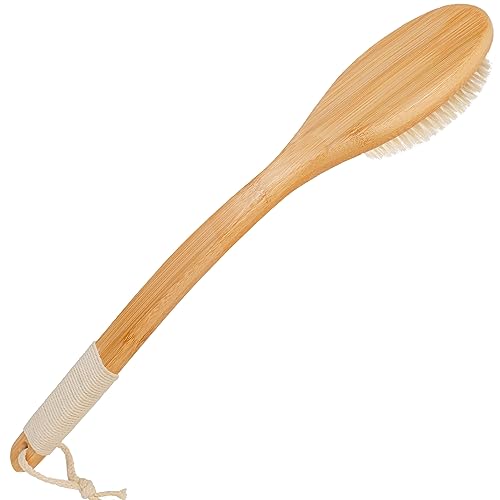 OWIIZI Bath Brush Bamboo Curved Long Handle Antiskid Body Brush for Exfoliating, Natural Bristles Shower Scrubber for Back Use Wet or Dry,Back Scrub Deep Cleanse-17.9inches