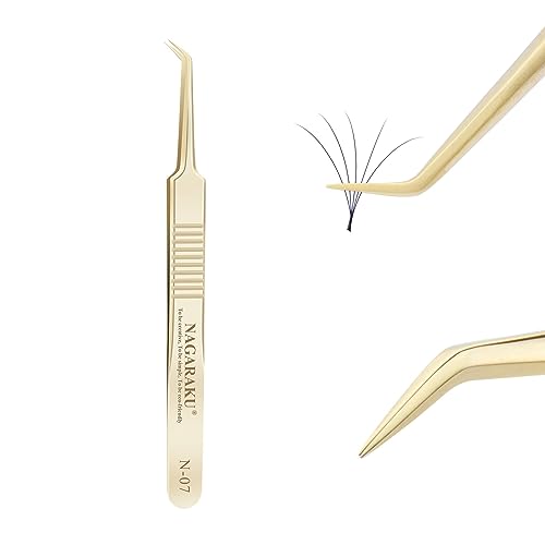 NAGARAKU Tweezers for Eyelash Extensions Gold Curved Angled Volume Cluster Super Light Weight Easy Fanning Tweezers Stainless Steel Precision (N-07)