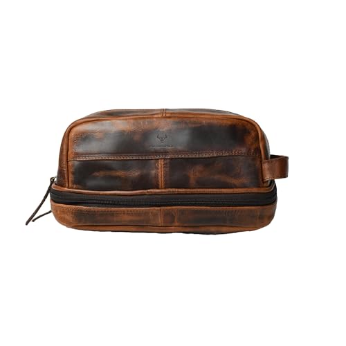 Leather Toiletry Bag ? Full Grain Cowhide, Travel Kit with Brass Zipper & Wax Thread Stitching Capacity 1L