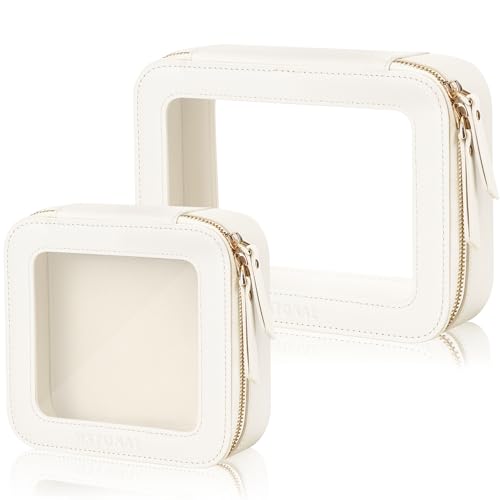 Clear Makeup Bag, Travel Toiletry Bag Cosmetic Case for Women, Waterproof Portable Make Up Skincare Pouch with Zipper, Compact Car Organizer Bag for Essentials, Mini & Medium, Ivory White