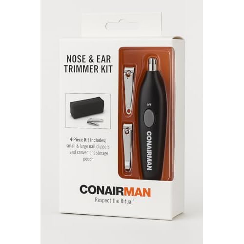ConairMan Nose & Ear Trimmer Kit - 4 Piece Grooming Set with Nail Clippers and Storage Pouch