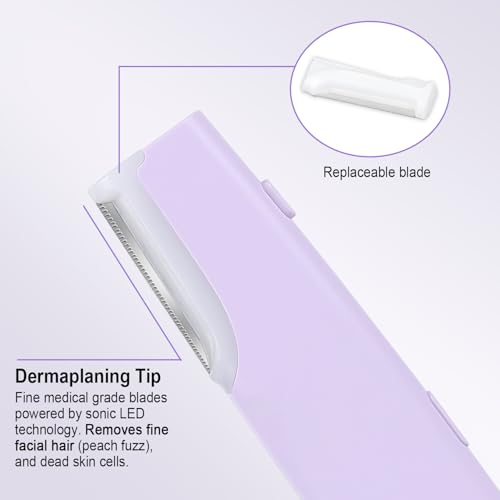 Rechargeable Sonic Smooth Dermaplane Razor for Women Face + Eyebrow trimmer Dermaplaning System with LED Light Peach Fuzz Remover, 3 Speeds - 8 Weeks of Dermaplaning Blades (Lavender)