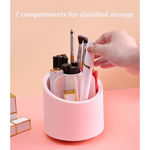 Makeup Brushes Holder Organizer with Clear Lid,360 Degree Rotating Makeup Brush Storage Container Dustfree Cosmetic Display Case Holder for Bathroom Countertop Vanity Desktop (Pink)