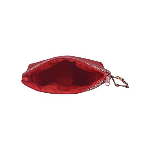 Eco-Friendly Dobby Kalamkari Pouch | Small Red Jute Bag with 2 Zippers | Reusable, Durable, Sustainable Handcrafted Travel & Cosmetic Organizer for Women & Men