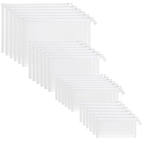 24 Pack Nylon Mesh Makeup Bags Cosmetic Bags Mesh Zipper Pouch Pencil Case Travel Organizer Bags 4 Sizes (White)