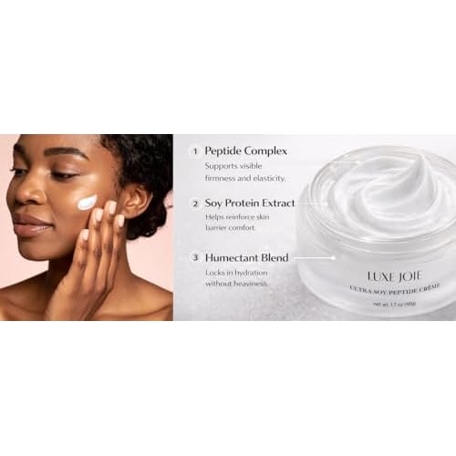 LuxeJoie Ultra Soy Peptide Face Cream, Anti-Aging Moisturizer for Dry Mature Skin, Matrixyl Peptides + Alpha Lipoic Acid, Smooths Fine Lines, Non-Sticky, 1.7 oz