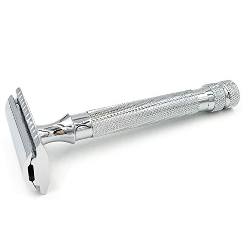 Parker 91R Heavyweight Long Handle Safety Razor ? Classic 3-Piece Double Edge Razor for Smooth, Close Shaves ? Brass Frame with Textured Chrome Finish ? Compatible with All DE Razor Blades