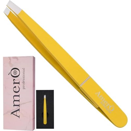Professional Stainless Steel Eyebrow Tweezers for Women & Men ? Precision Slant Tip Hair Removal Tool for Eyebrows, Facial Hair & Ingrown Hairs ? Durable, Non-Slip Grip (Yellow)