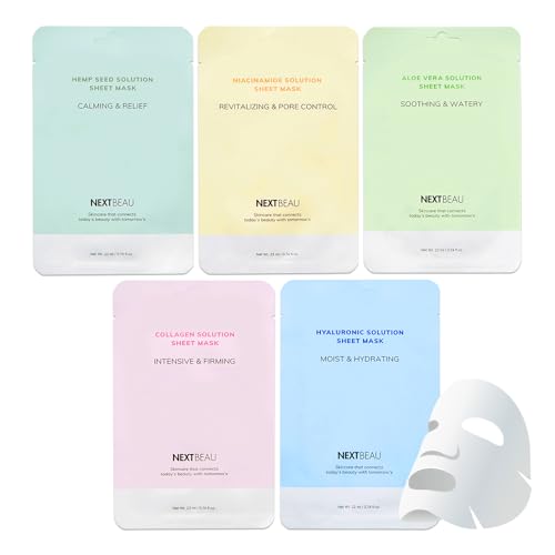 [PACK OF 20 Solution Sheet Mask Pack 5types x 4pc Aloe, Niacinamide, Collagen, Hemp seed, Hyaluronic Acid