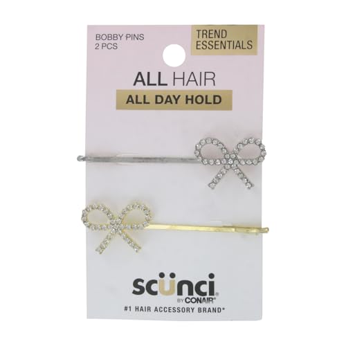 Scunci Trend Essentials Rhinestone Bow Bobby Pins, 2-Pack, Gold & Silver, No-Slip All-Day Hold, Elegant Hair Accessories for Women & Girls, Stylish Sparkling Hair Clips for Updos & Everyday Looks