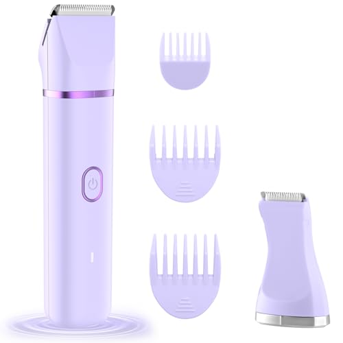 2-in-1 Bikini Trimmer for Women, Waterproof Painless Body Shaver for Legs, Underarms, Bikini Line with Narrow & Wide Ceramic Blades, 3 Combs, USB Rechargeable, Travel Friendly Gift for Women,Purple