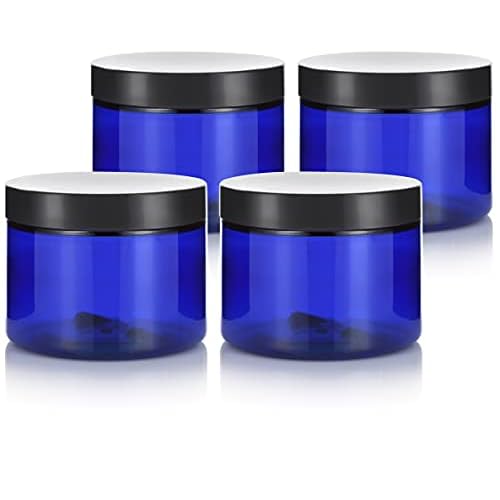 6 oz Cobalt Blue PET Plastic Jar With Black Smooth Lids (4 pack)