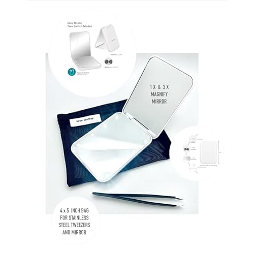 LED Lighted Compact Mirror & Tweezer Set ? 1x/3x Magnification, Battery Operated, Bright Light ? Stainless Steel Slant Tip Tweezer with Travel-Size 4x5 Mesh Zipper Bag
