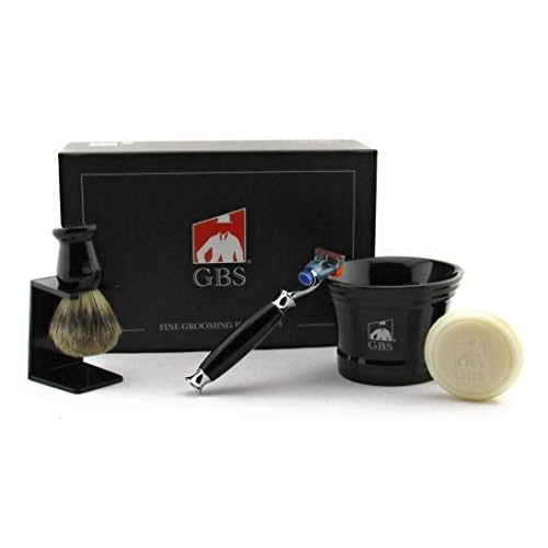 G.B.S Men's Grooming Kit - 5 Blade Razor, Black Ceramic Mug, All-Natural Glycerin Soap, Shaving Brush, Stand Ultimate Birthday Gift