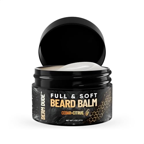 Derm Dude Full and Soft Beard Balm for Men ? Conditioning Balm with Natural Oils for Growth, Softness & Styling ? Tames Frizz, Hydrates Skin ? Non-Greasy - Cedar & Citrus, 2oz