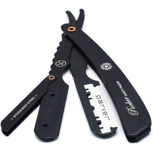 Parker SRXBLK Professional Stainless Steel Clip?Style Barber Razor ? Heavy?Duty Black Finish with 5 Refill Blades, Ergonomic Weight for Barbers & Straight Razor Shaving Enthusiasts