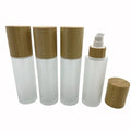 Empty Cosmetic Bottles 3.3oz/100ml 4 PACK with Bamboo Cap,Frosted Glass Lotion Pump DispenserRefillable Emulsion Cosmetic Cream Bottles, Toiletries Refill Travel Containers(Frost Clear)
