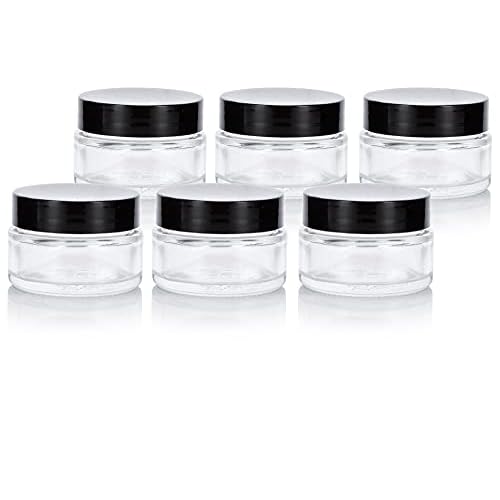 Clear Glass 0.50 oz / 15 ml Low Profile Thick Wall Balm Jars (6 pack, Black Smooth Foam Lined Lids)