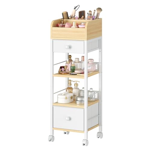 HOOBRO Makeup Organizer Cart with Fabric Drawers, Mobile Makeup Storage with Swivel Casters and Leveling Feet, Cosmetics Display Holder for Bathroom and Bedroom Vanity, White and Natural WN20TC04