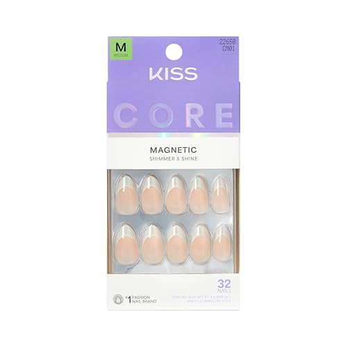KISS CORE Magnetic French Tip Press On Nails, Patchouli, White, Medium, 32 Count
