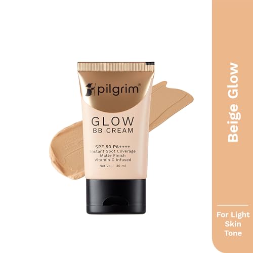 Pilgrim Beige Glow BB Cream SPF 50 PA++++ with Vitamin C | Medium Skin Tone | Lightweight Matte Makeup for Daily Wear, Sheer Coverage & Smooth Finish | 1.01 Fl Oz (30ml)