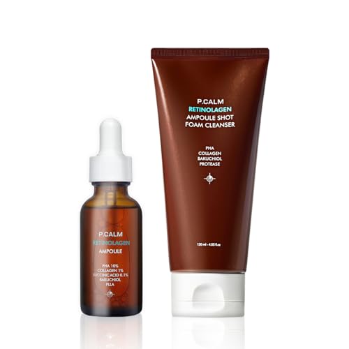 P.CALM Retinolagen Cleanser & Ampoule | Pore Tightening Glass Skin Cleanser & Serum with Micro Dosing Retinal, Vegan Hydrolyzed Collagen, Bakuchiol, PHA | Vegan Korean Skincare