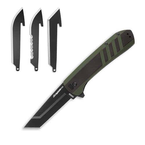 OUTDOOR EDGE Razor VX4 ? 3" Replaceable Blade Folding Knife ? Black Tanto Blade ? Black G10 Over Green Handle ? Reversible Clip ? EDC, Outdoor & Survival