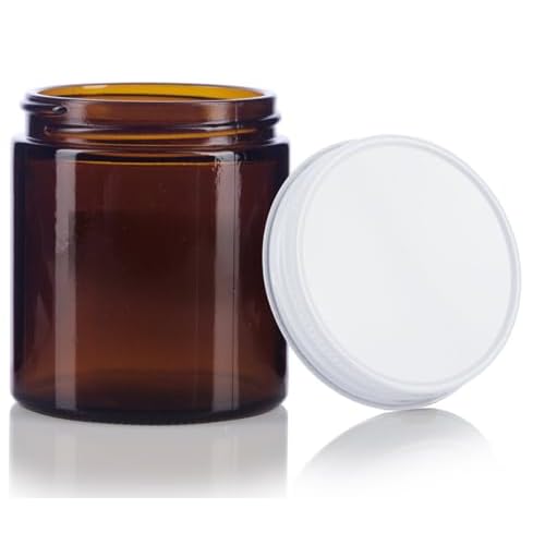 (6 pack) 4 oz / 120 ml Amber Thick Glass Jar with White Metal Airtight Lid