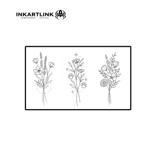 INKARTLINK Women's Semi-Permanent Floral Temporary Tattoos - Adult Art Design, Cruelty-Free, Waterproof, Non-Reflective (3 Sketch Flowers)