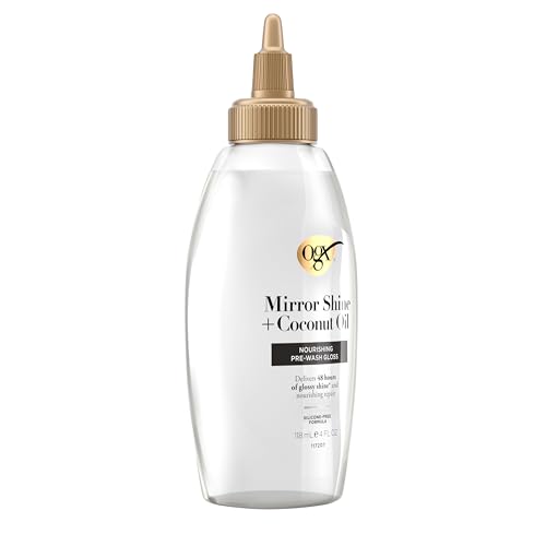 OGX Mirror Shine + Coconut Oil Pre-Wash Hair Gloss, Nourishing Rinse Out Hair Treatment for 48 Hours of Glossy Shine & Damage Repair, Lightweight Oil Mends Split Ends, 4 fl. oz