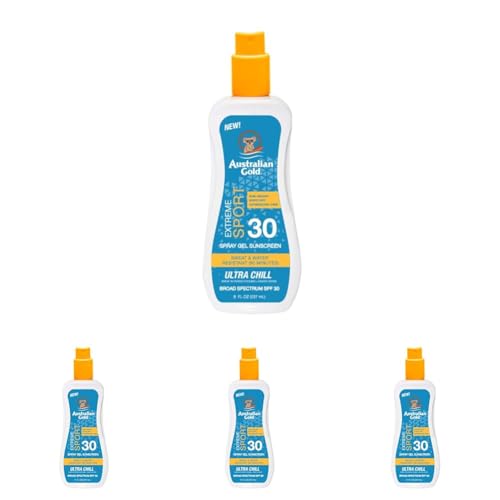Australian Gold Extreme Sport Spray Gel Sunscreen SPF 30, 8 Ounce | Broad Spectrum | Sweat & Water Resistant | Non-Greasy | Oxybenzone Free | Cruelty Free (Pack of 4)