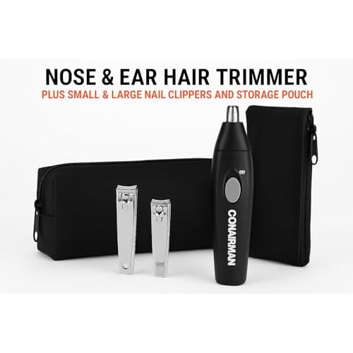 ConairMan Nose & Ear Trimmer Kit - 4 Piece Grooming Set with Nail Clippers and Storage Pouch