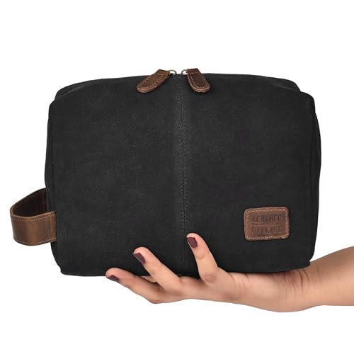LEATHER VILLAGE Premium Leather Travel Toiletry Bag for Men & Women - Dopp Kit for Shaving & Bathroom Organizer for Travel & Daily Use - Black