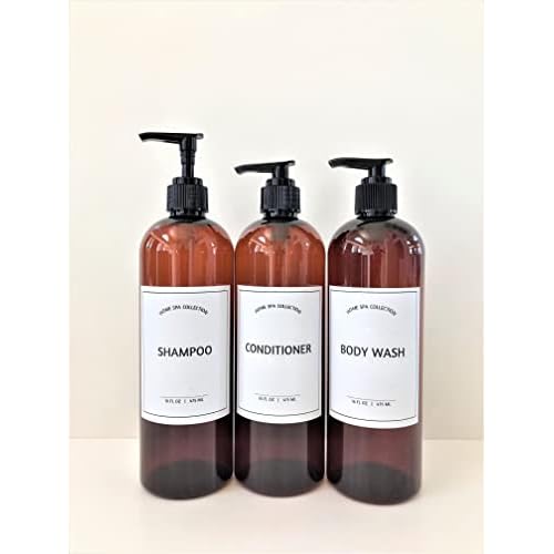16 oz PET Plastic Empty Slim Round Pump Bottles with Printed Waterproof Labels of Shampoo, Conditioner and Body Wash - Set of 3 (Amber Bottle with Black Pump)