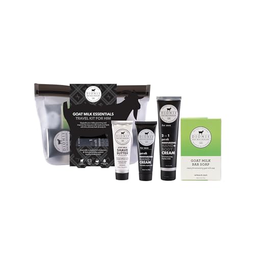 Dionis Goat Milk for Men Hand & Body Cream, Shave Butter, Hand Cream, Bar Soap & Carrying Case 5-Piece Travel Set
