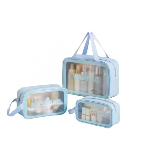 Makeup Cosmetic Bag Travel Organizer ? 3 Piece Set in Blue, PU+PVC Material ? Small, Medium, Large ? Waterproof, Durable & Stylish Toiletry Bags for Women