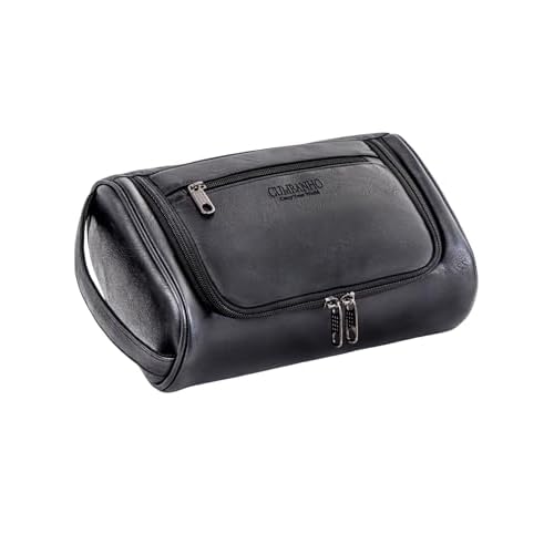 Mens Toiletry Bag, Upgraded Compact Dopp Kit for Men Travel, PU Leather Shaving Kit, Water-Resistant Minimalist Organizer with Wrist Strap, Fits Full-Size Essentials,Black